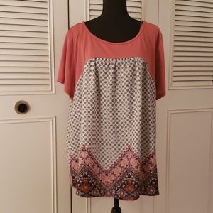 Salmon, blue and white, short sleeve blouse